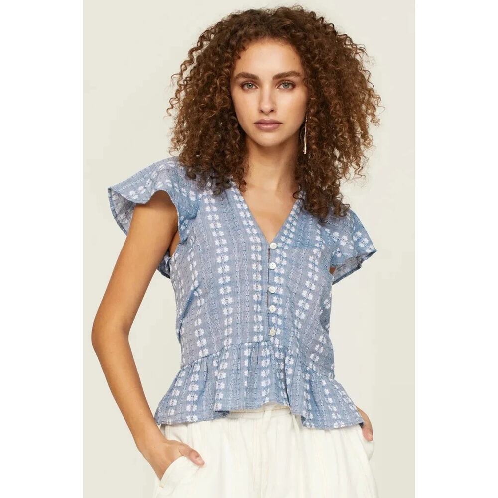 Veronica Beard Maple Top Blue Cotton Flutter Sleeve Blouse Medium